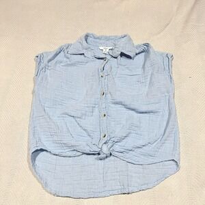 Japna Light Blue Front Tie Button Collared Short Sleeve Crop Cotton Gauze Top